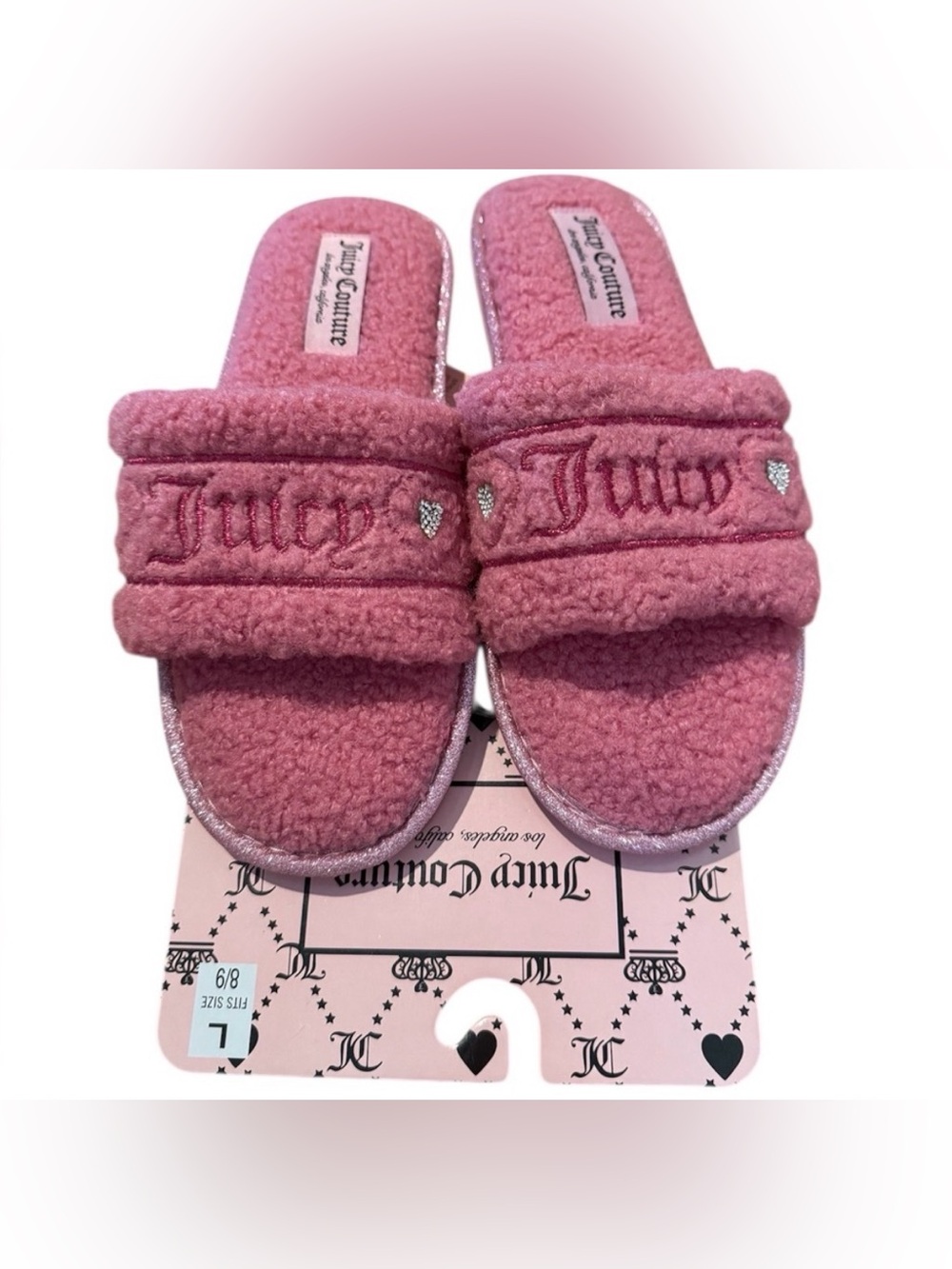 Juicy Couture Pink Sherpa Fuzzy Slippers Open Toe Slides NWT Size Large 8/9 US